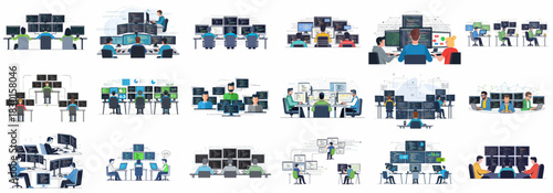 Software development team working on multiple monitors, coding, programming, and analyzing data interfaces in a collaborative office environment.