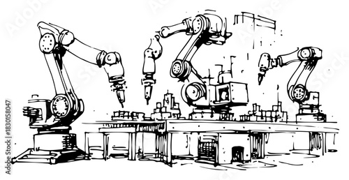 Industrial robotic arms working on factory conveyor belt hand drawn vector sketch illustration of manufacturing automation