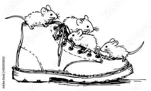 Hand drawn cute mice playing on old leather boot vector sketch of funny rodents