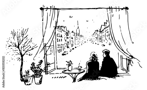 Hand Drawn Couple Sitting on Windowsill Looking at City Street View Cozy Vector Illustration