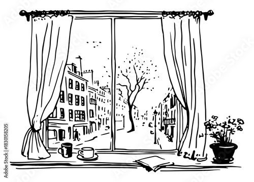 Hand Drawn Cozy City Street View from Window with Curtains Coffee Cup and Book Vector Illustration