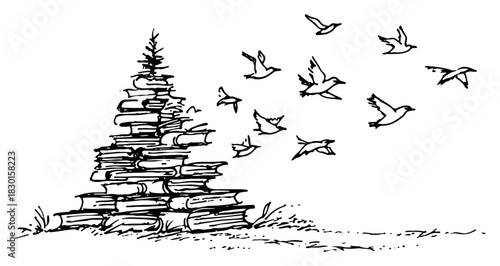 Hand drawn Christmas Tree of Books with Flying Birds Black and White Doodle Vector Illustration