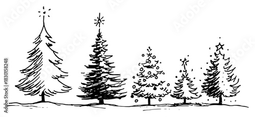 Hand drawn row of Christmas trees with stars and decorations Vector sketch illustration of winter firs set