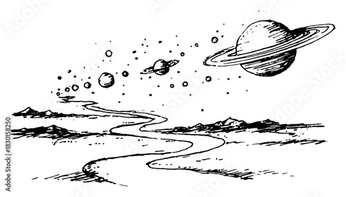 Hand drawn winding road leading to planets in space sky Vector sketch illustration of surreal cosmic landscape and journey