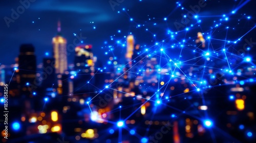Abstract glowing blockchain network in city at night as business concept