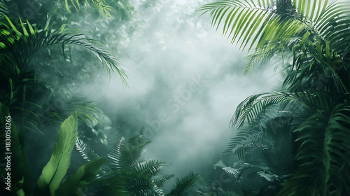 Lush jungle environment with dense vegetation, mist, and tropical plants creating a moody atmosphere