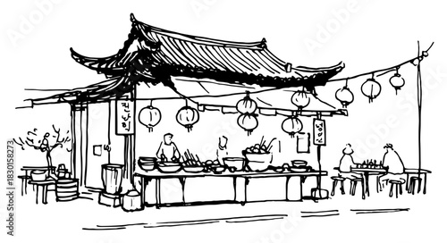 Hand drawn Asian street food market stall with lanterns and people eating Vector sketch illustration of traditional oriental restaurant