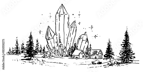 Fantasy landscape with giant magical crystals and tiny houses hand drawn vector sketch illustration of surreal nature