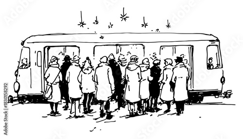 Hand drawn crowd of passengers waiting to board tram or train vector sketch of urban public transport