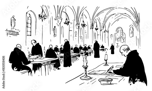 Medieval monks writing in monastery scriptorium hall hand drawn vector sketch illustration of historical religious study