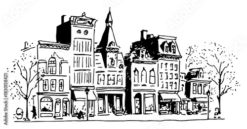 Hand drawn Historic City Street Storefronts Row Black and White Doodle Vector Illustration