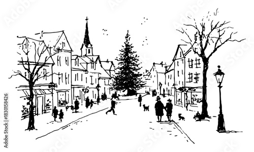 Hand drawn Winter Town Street Scene with Central Christmas Tree Black and White Doodle Vector Illustration