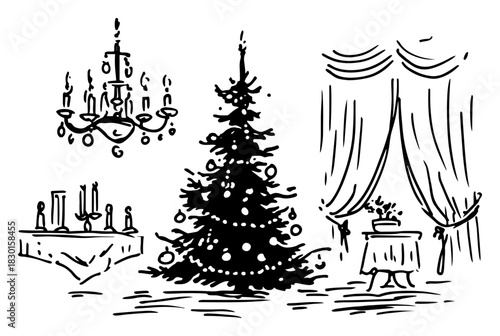 Hand Drawn Elegant Living Room with Decorated Christmas Tree Chandelier and Draped Curtains Vector Illustration