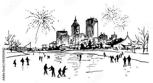 Hand Drawn Winter City Skyline with Fireworks and Ice Skaters on Frozen Lake Vector Illustration