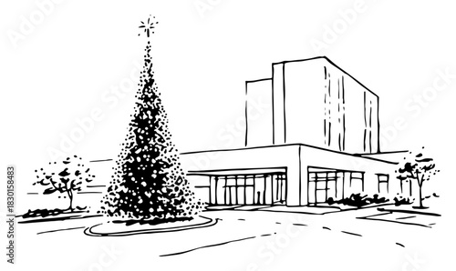 Modern building exterior with large decorated Christmas tree hand drawn vector sketch illustration of urban holiday city