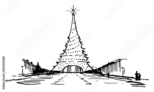 Eiffel Tower shape Christmas tree in Paris hand drawn vector sketch illustration of French holiday landmark