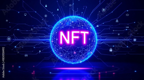 Futuristic NFT non fungible token technology with network connection sphere