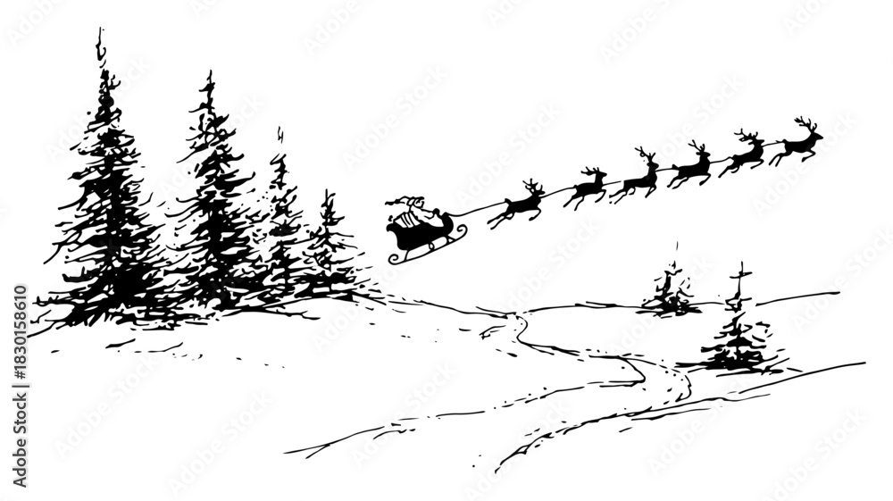 Fototapeta premium Hand Drawn Santa Sleigh with Reindeer Flying Over Snowy Pine Forest Vector Illustration