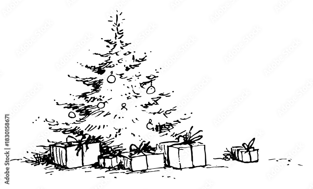 Fototapeta premium Hand Drawn Decorated Christmas Tree with Wrapped Presents Festive Vector Illustration