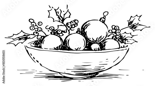Hand Drawn Bowl Filled with Christmas Baubles and Holly Festive Vector Illustration
