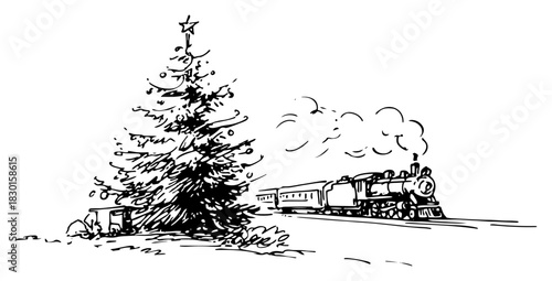 Hand Drawn Decorated Christmas Tree with Presents and Steam Train Winter Vector Illustration