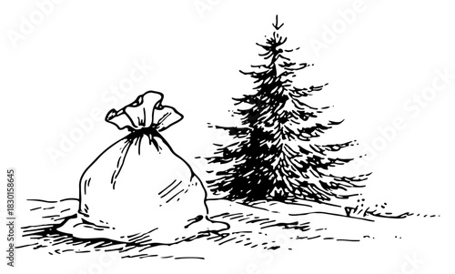 Santa Claus sack with gifts standing near Christmas tree hand drawn vector sketch illustration of winter holiday scene