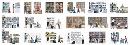 Diverse team of archivists and librarians working to organize books, files, and documents in a library or records management office.