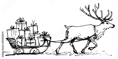 Hand drawn reindeer pulling sleigh full of gift boxes vector sketch of christmas delivery