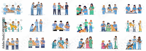 Collection of Vector Illustrations Featuring Veterinarians and Veterinary Staff Providing Care and Checkups to Dogs and Cats in a Clinic Setting.
