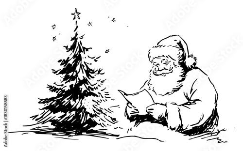 Hand drawn Santa Claus Reading Letter beside Decorated Christmas Tree Black and White Doodle Vector Illustration