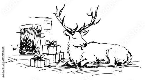 Hand Drawn Resting Deer by Fireplace with Christmas Presents Cozy Vector Illustration
