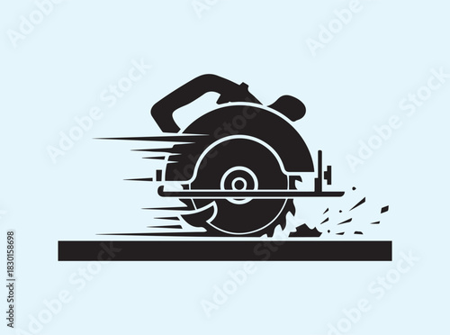 Construction Saw Silhouette with Cutting Action and Motion Lines on White Background
