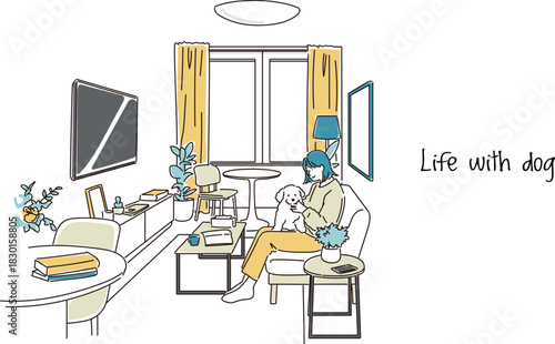 部屋で愛犬と過ごす若い女性のイラスト素材
