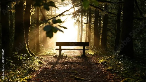Tranquil Forest Path Leading to a Bench Bathed in Sunlight
