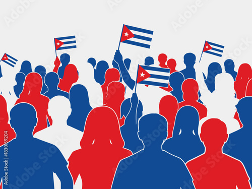 Crowd of people in blue, red, and white holding cuban flags, vector illustration.