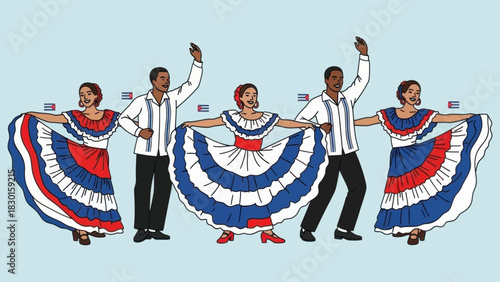 Dominican republic dancers in traditional dress performing folk dance with flags. Vector illustration.