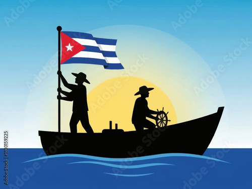 Two cuban fishermen sail on a boat with the cuban flag. Nautical adventure concept.