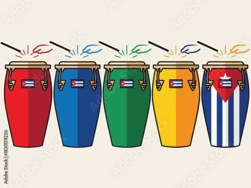 Colorful conga drums with cuban flags and drumsticks, symbolizing cuban music and culture.