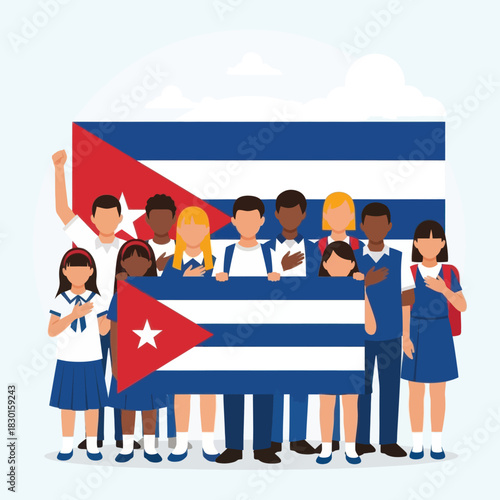 Diverse students stand with hands on hearts in front of the cuban flag, patriotism.