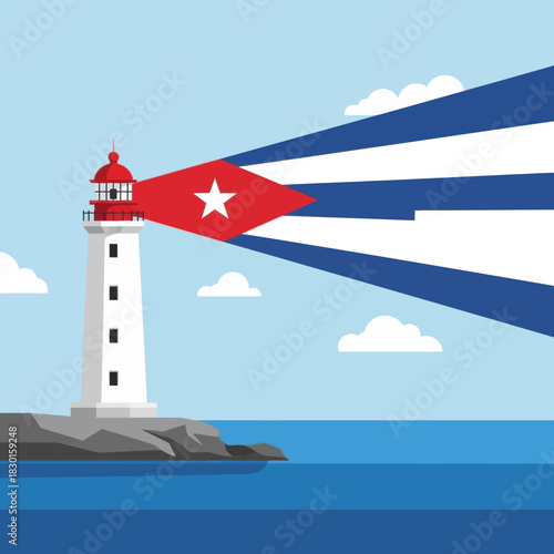 Lighthouse with cuban flag projecting light beams over the sea, a symbol of guidance.