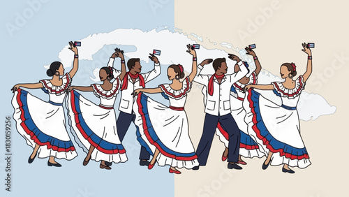 Group of cuban folk dancers in traditional dress performing with cuban flags. Vector illustration.