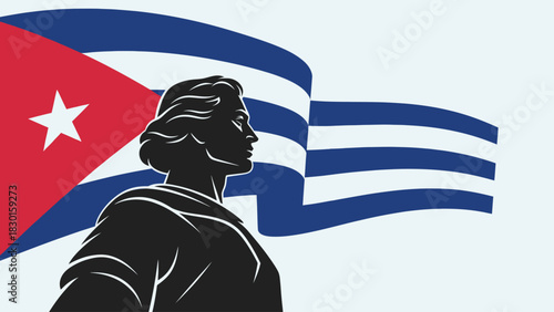 Cuban man silhouette with flag of cuba waving in the background. Patriotism concept.