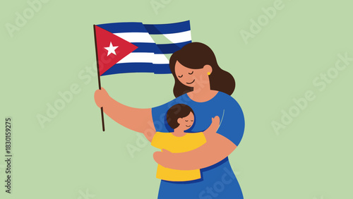 Mother embraces child holding flag of cuba. National holiday, patriotism and celebration.