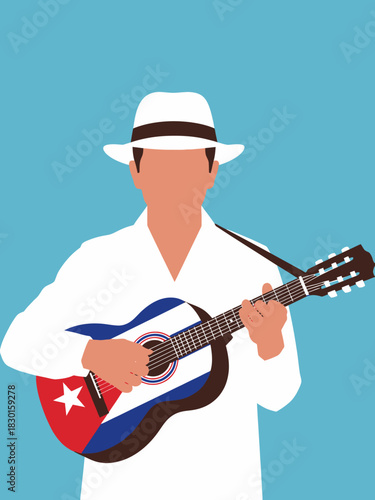 Cuban musician playing guitar with cuban flag on blue background. Traditional music concept.