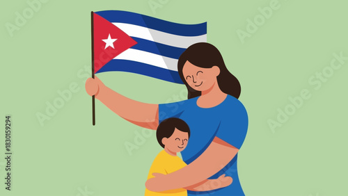 Happy cuban mother holds flag and embraces her son, celebrating national holiday. Vector.