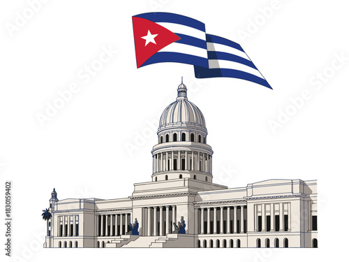Cuba national flag waving above the national capitol building in havana, vector illustration.