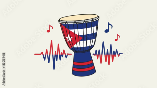 Cuban djembe drum with flag, music notes, and sound waves on a white background.