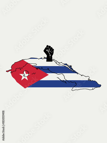 Cuba map outline with flag colors and raised fist in black silhouette on white.