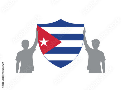 Silhouettes of two men holding a shield with the cuban flag, a symbol of patriotism.