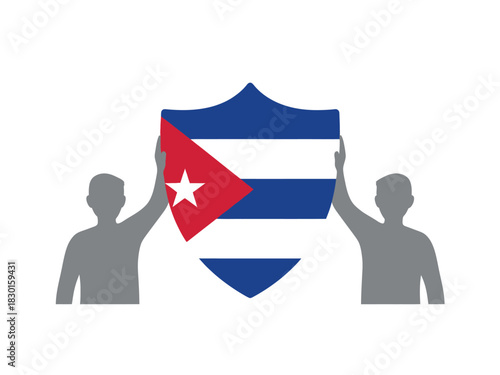 Two men hold a shield with the flag of cuba, symbolizing protection and national pride.